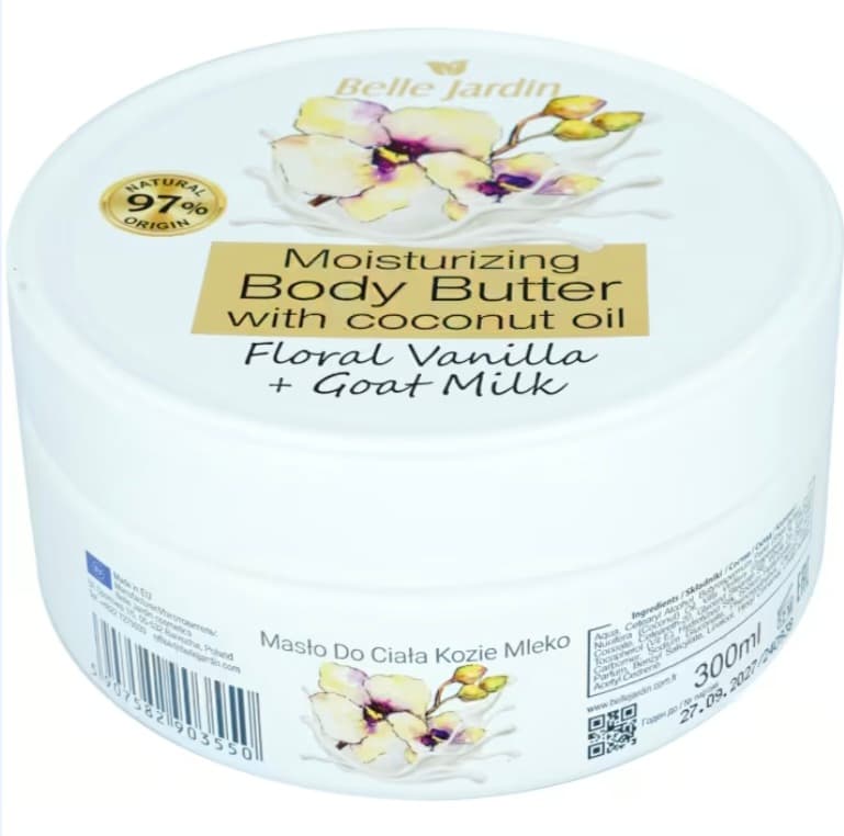 Belle Jardin 300ml kokos ýagly, geçi süýtli we wanilli beden üçin nemlendiriji krem