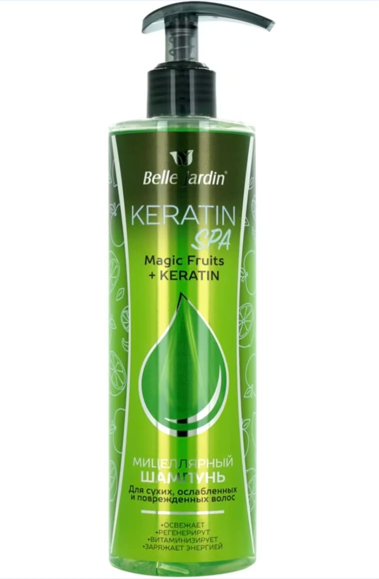 Belle Jardin 400ml gury, gowşak we zeper ýeten saçlar üçin miselýar şampun - jadyly miweler + keratin