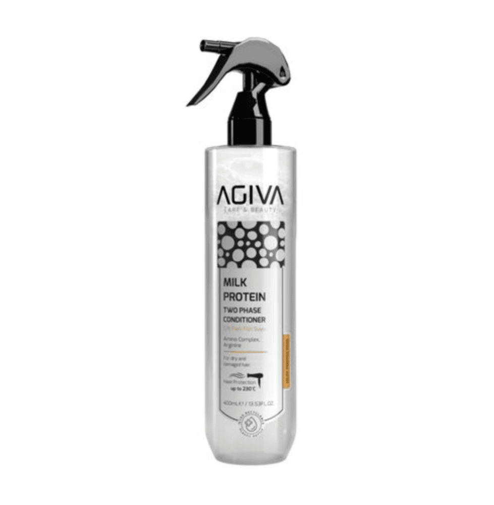 Agiva Süýt belokly we aminokislotaly, iki fazaly, gyzgynlykdan goraýan saç kondisioner-spreýi (400 ml)